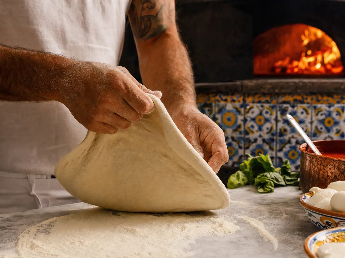 Le mani del pizzaiolo stendono il panetto sul marmo