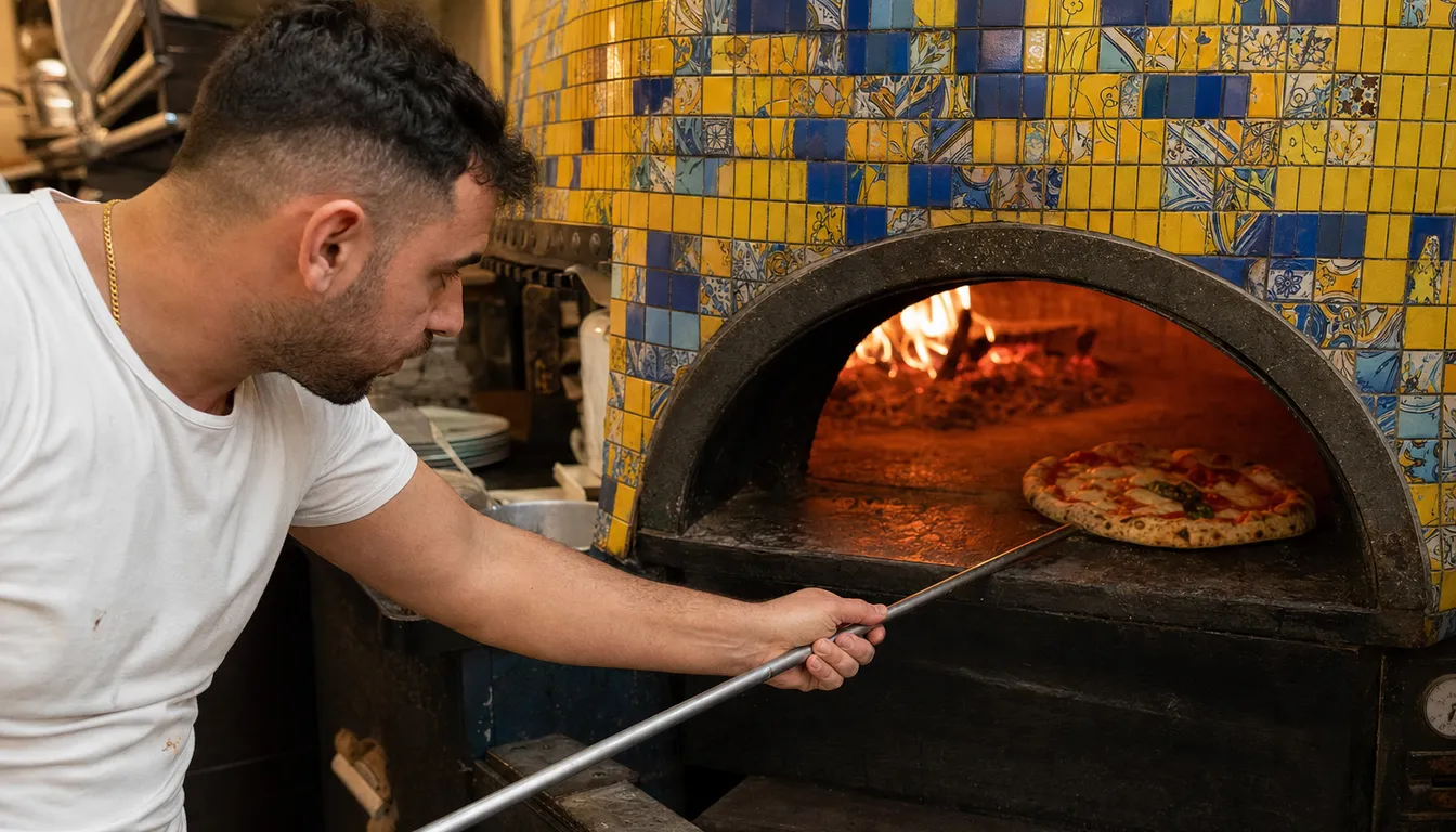 Il pizzaiolo inforna una pizza nel forno a legna rivestito di maioliche